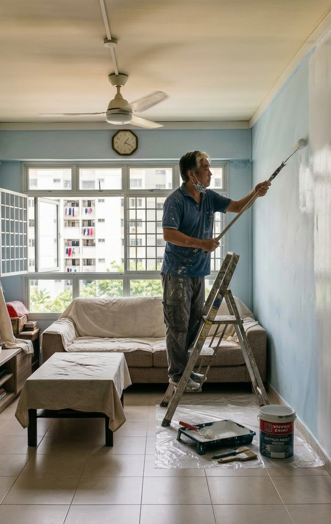 Man on ladder painting a living room wall with white paint