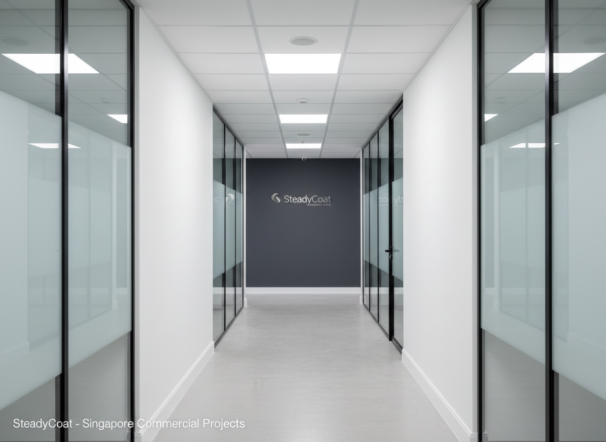 A clean, modern commercial office corridor in Singapore, freshly painted in a professional palette of cool white walls with a deep charcoal feature wall at the end, demonstrating SteadyCoat’s commercial painting capabilities. The corridor features glass office partitions with aluminum frames, all perfectly masked and spotless, with no paint bleed. Recessed LED ceiling lights cast bright, even illumination down the hallway, creating crisp reflections on the glass and subtle shadows along the skirting. Photographed at eye level with strong leading lines pulling the eye toward the feature wall, everything in sharp focus to highlight the consistency of coverage and straightness of edges. The mood is corporate, efficient, and reliable, with clean photographic realism suitable for a business clients section.