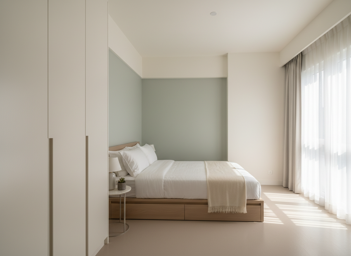 An elegant Singapore condominium bedroom freshly painted in a sophisticated warm white, with an accent wall in a subtle muted sage green showcasing SteadyCoat’s color consultation and precision work. Built-in wardrobe doors and window frames are spotless with perfectly clean lines where colors meet. Soft afternoon natural light filters through sheer curtains on the right, creating a serene, gentle glow across the walls and casting faint, elongated shadows. The room is minimally furnished with a simple bed frame and side table, all neatly arranged and free of paint splatters. Photographed from a slightly elevated corner angle using the rule of thirds, with sharp focus throughout to emphasize the immaculate surfaces. The atmosphere is calm, modern, and premium, ideal for promoting condo painting services.