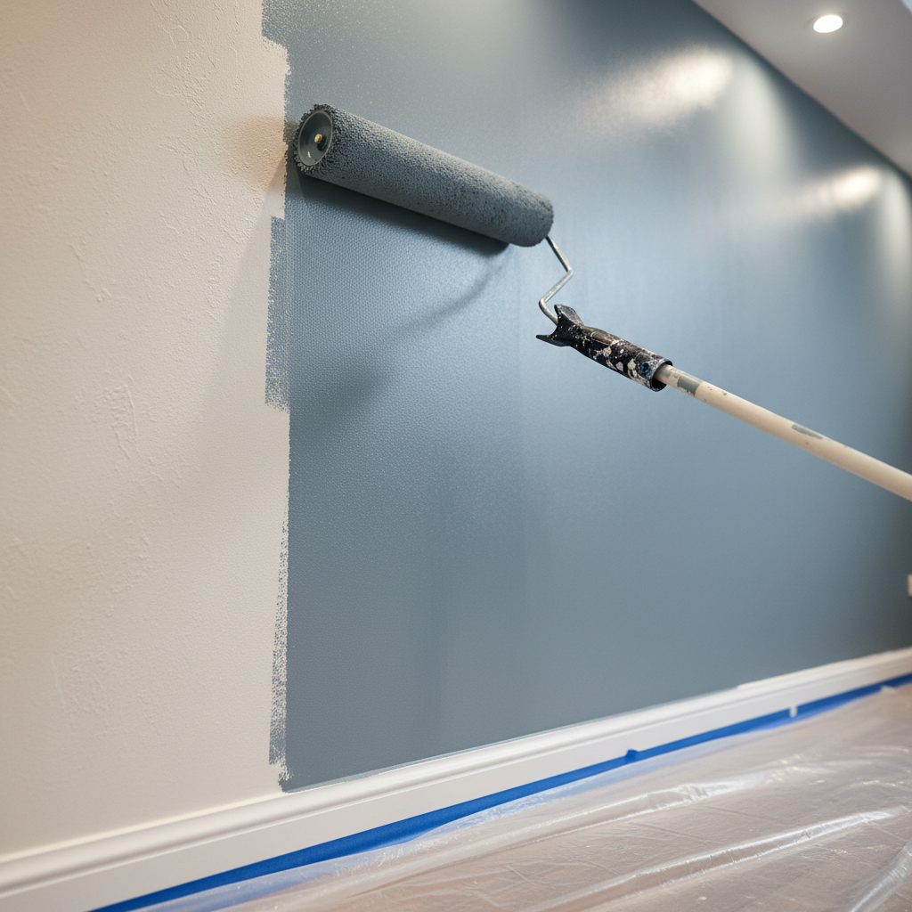A close-up, photographic realism shot of a high-quality paint roller gliding smoothly over an interior wall, transforming an uneven off-white surface into a flawless, solid coat of modern eggshell blue-grey. The roller cover appears thick and premium, leaving no streaks or lap marks. Neatly taped skirting boards and a protected floor with clean plastic sheeting are visible at the bottom edge, reinforcing professionalism. Soft, diffused indoor lighting from overhead downlights creates gentle highlights on the freshly painted area, emphasizing its uniform sheen. Captured from a slightly angled side view with shallow depth of field, the roller and wet paint in sharp focus, background softly blurred. The mood is calm, precise, and reliable, conveying meticulous workmanship and attention to detail.
